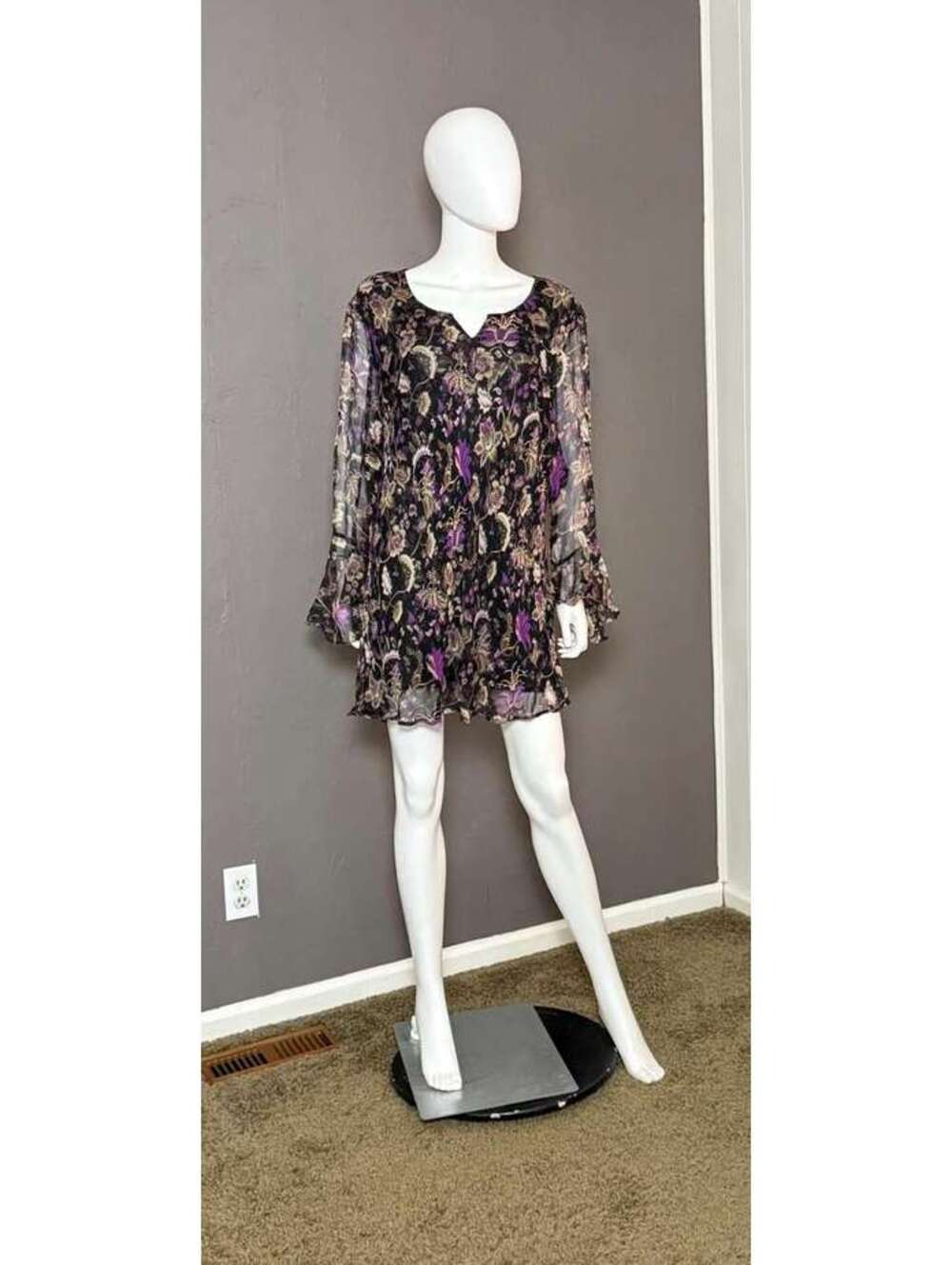 Y2K Silk Chiffon Boho Tunic Beaded Accents Dark Floral size 3X